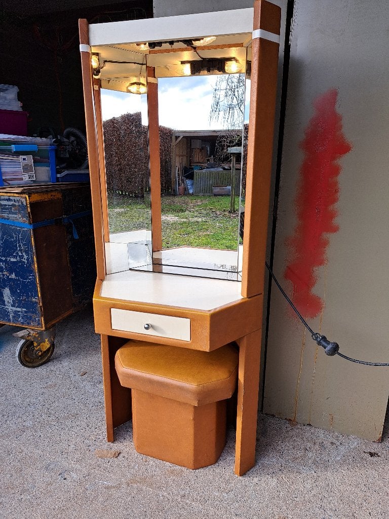 Vintage kaptafel (60/70) in bruin kunstleer met zitting, Ophalen, Kunststof, Gebruikt, 50 tot 100 cm