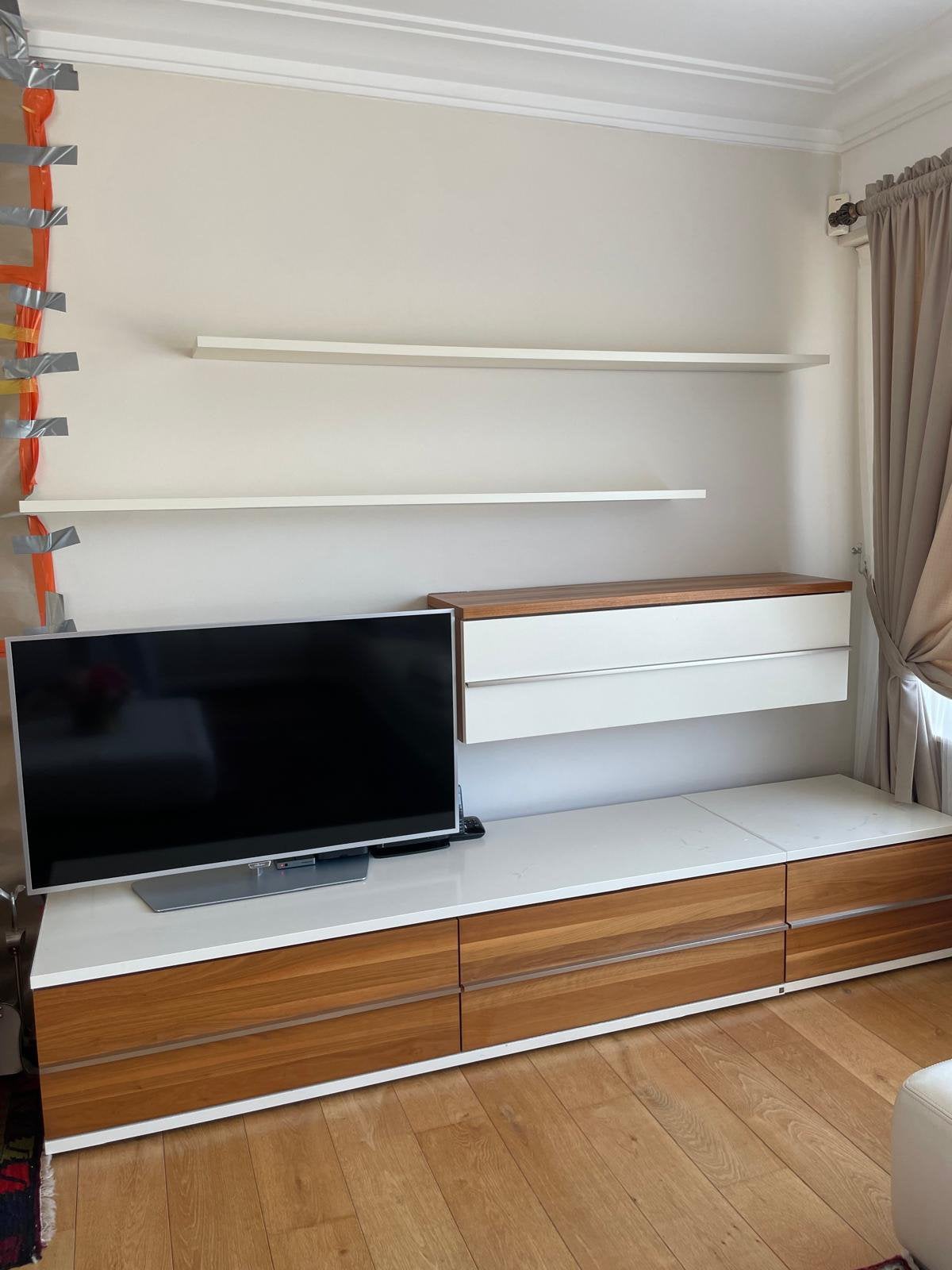 Ensemble meuble TV mural bois et blanc avec rangements, Enlèvement, Utilisé
