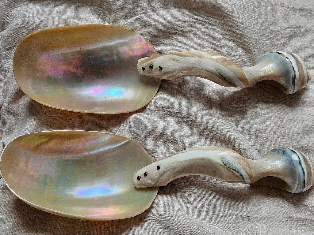Grote vintage parelmoer kaviaarlepel 22 cm set van x2, Ophalen of Verzenden