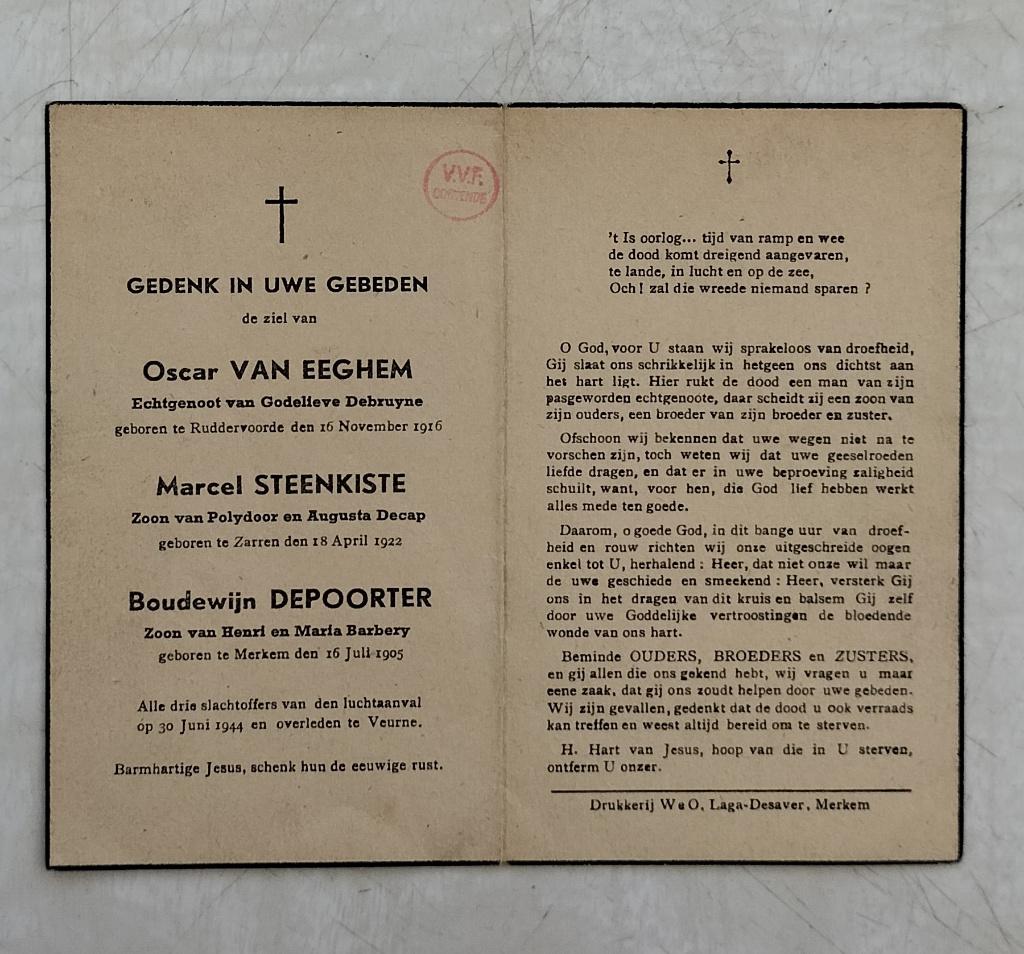 Slachtoffer WO II - Ruddervoorde Zarren - luchtaanval Veurne, Verzamelen, Bidprentjes en Rouwkaarten, Verzenden, Bidprentje