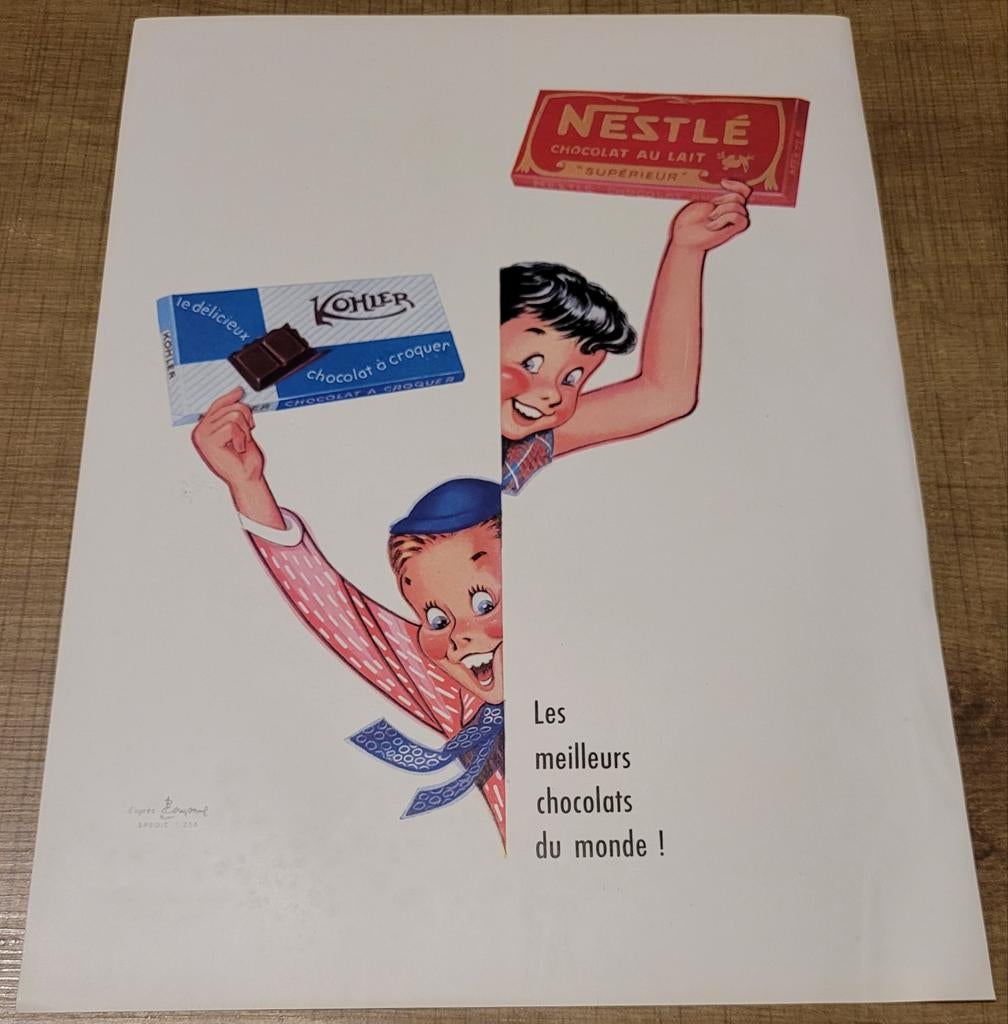 Oude reclameprent: Nestlé chocolade + Kohler chocolade (1952, Collections, Marques & Objets publicitaires, Enlèvement ou Envoi