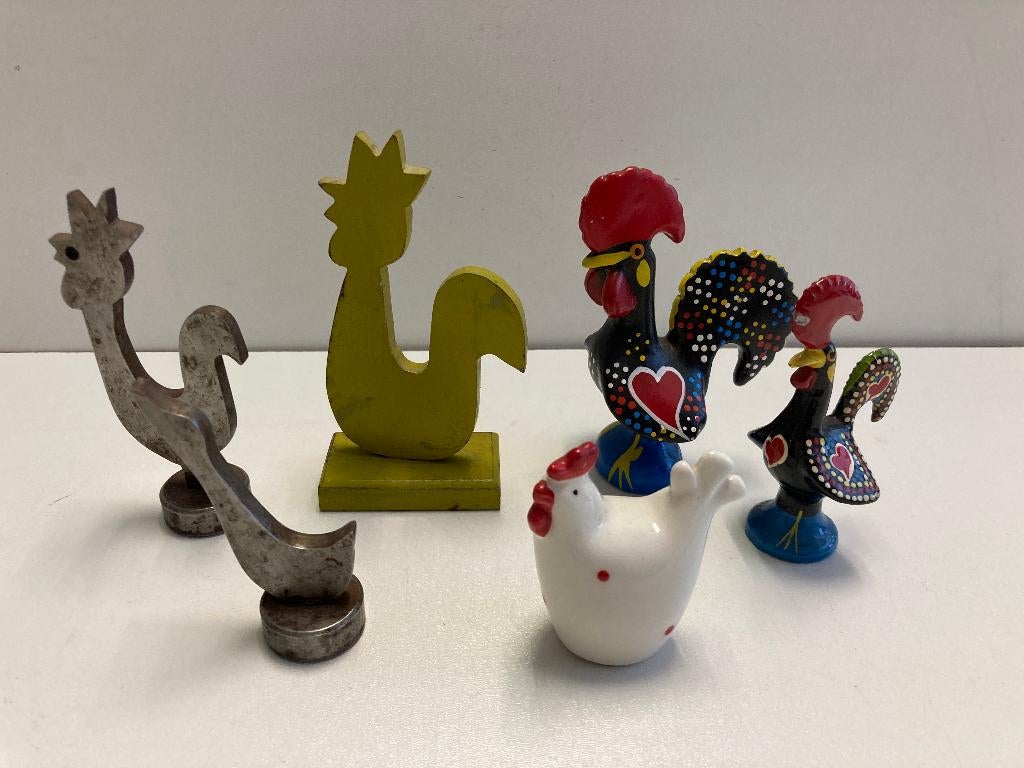 Lot d'oiseaux : coq, poulet, oie en métal et poterie, Enlèvement ou Envoi, Comme neuf, Oiseaux, Statue ou Figurine