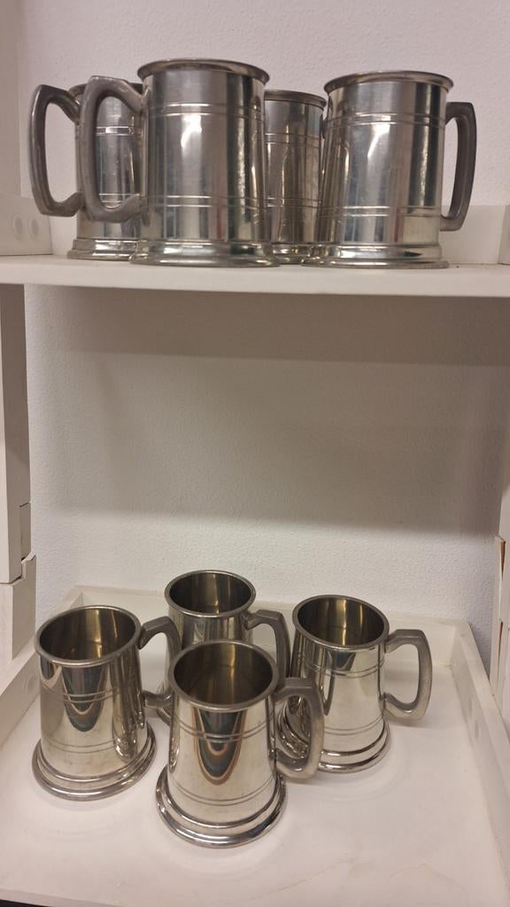 8x finest English pewter Sheffield tinnen bierbekers, Ophalen, Gebruikt