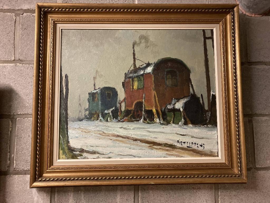 Schilderij Winterlandschap met woonwagens - Piet Lippens, Antiek en Kunst, Ophalen of Verzenden
