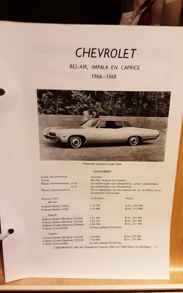 Chevrolet Belair impala caprice technische fiche, Enlèvement ou Envoi, Comme neuf, Chevrolet