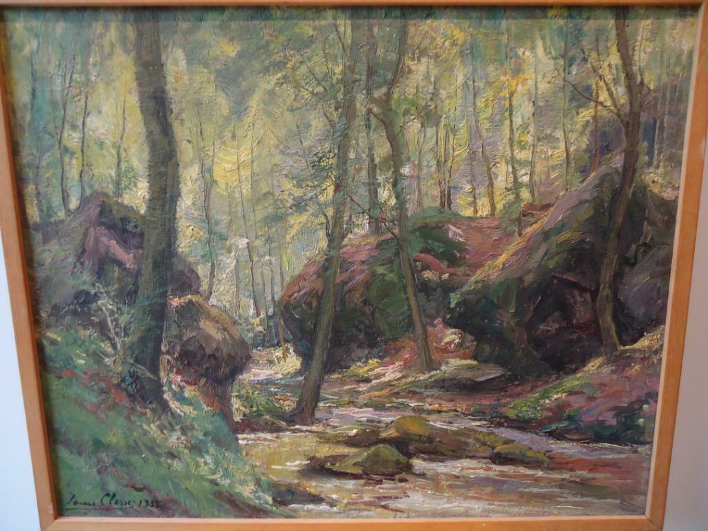 1933 LOUIS CLESSE roche à SPA olie/hout boszicht met rotsen, Ophalen