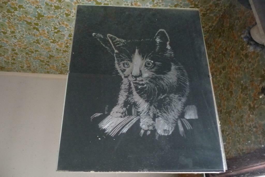 Kader met etstekening - poes, Minder dan 50 cm, Gebruikt, Tekening, Ophalen of Verzenden