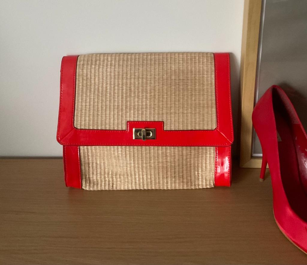 Pochette en osier au look rétro avec détails en vinyle, Enlèvement ou Envoi, Comme neuf, Beige, Sac de soirée