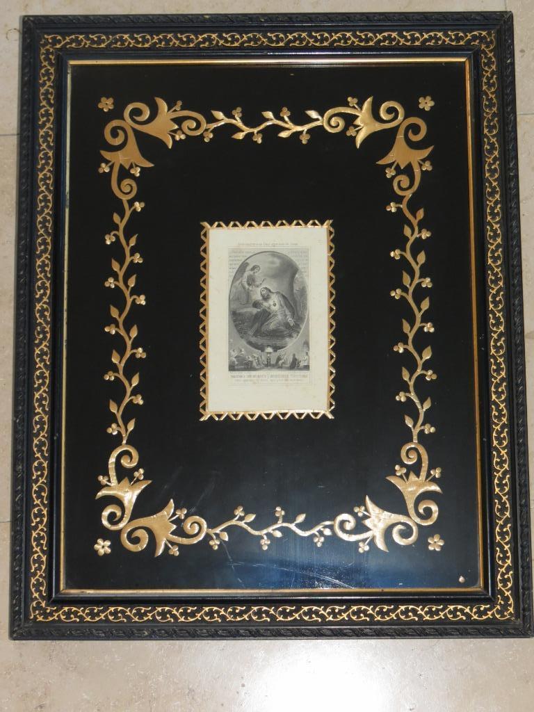 Heiligen prent in een lijst met inlegwerk in stro, Ophalen of Verzenden