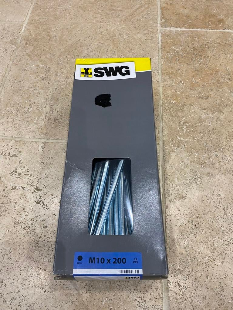 25 bouten M10 x 200 swg, verzinkt staal, DIN 603 met moer, Ophalen of Verzenden, Nieuw