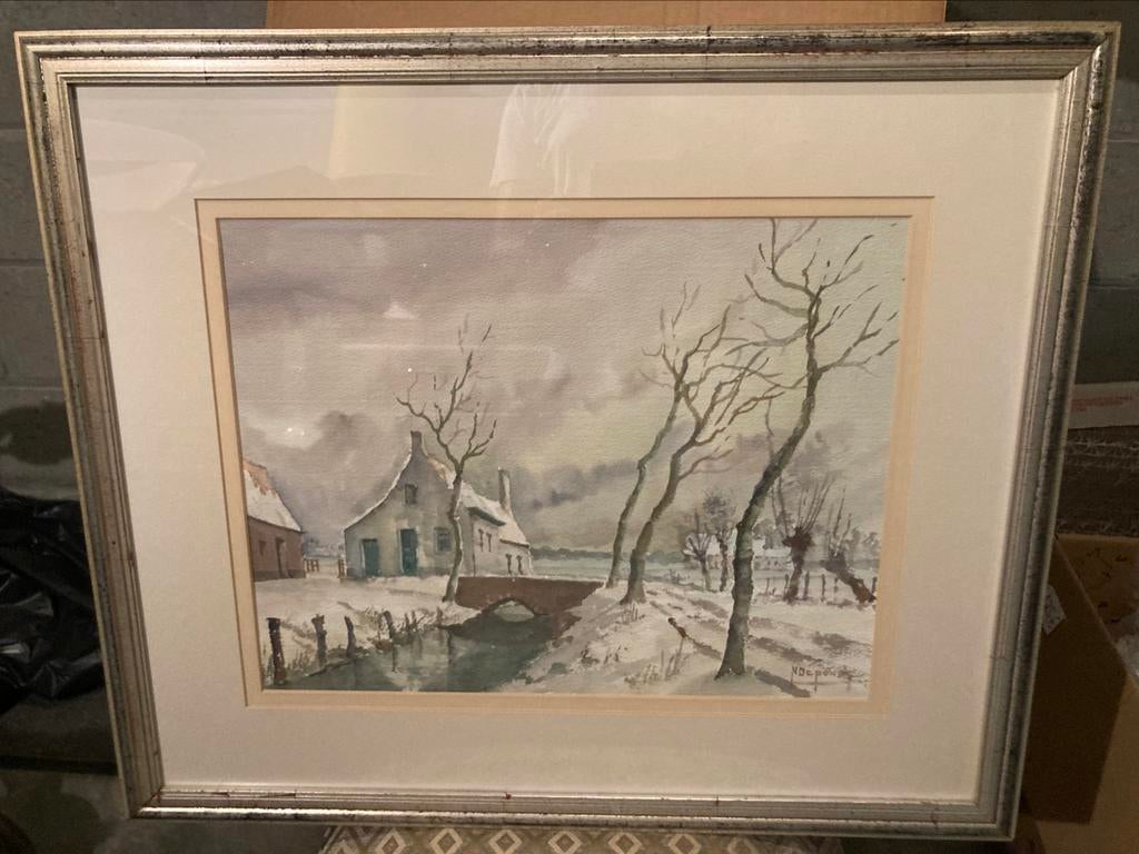 Aquarel schilderij - Nand Depondt - winterlandschap, Antiek en Kunst, Ophalen