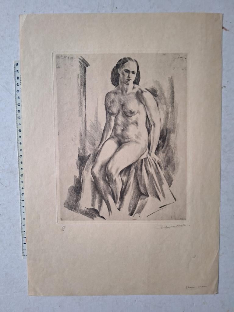 Gevoelige ets Raf Van Cauwenberghe Zittende naakte vrouw, Antiek en Kunst, Kunst | Etsen en Gravures, Ophalen of Verzenden
