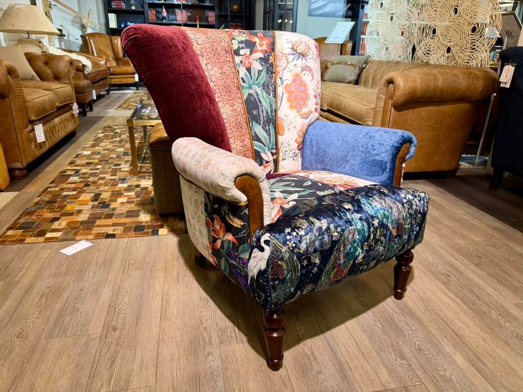 CHESTERFIELD PATCHWORK MULTICOLOR FAUTEUIL STOF MANOR bloem, Ophalen of Verzenden, Nieuw, Leer
