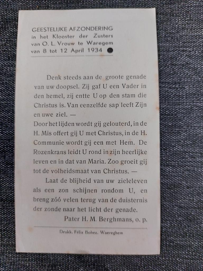 gedachtenisprentje 1934 (Waregem), Verzamelen, Bidprentjes en Rouwkaarten, Verzenden