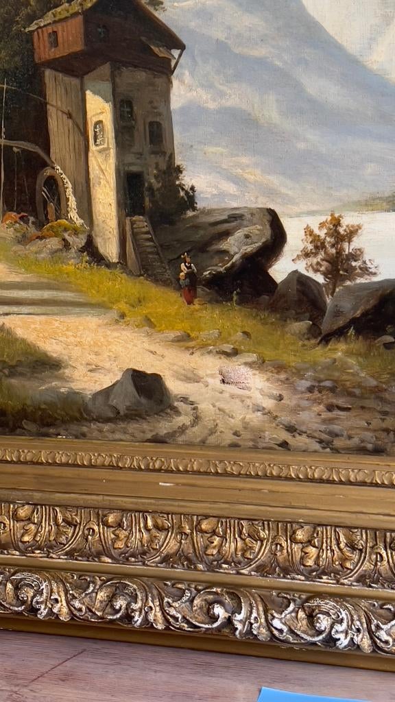 Olieverfschilderij Alpien berglandschap met watermolen, Antiek en Kunst, Ophalen