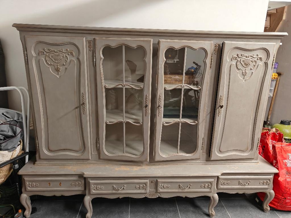 Grote brocante vitrinekast Frans landelijk – massief hout, Ophalen, Gebruikt, 200 cm of meer, Met lade(s)