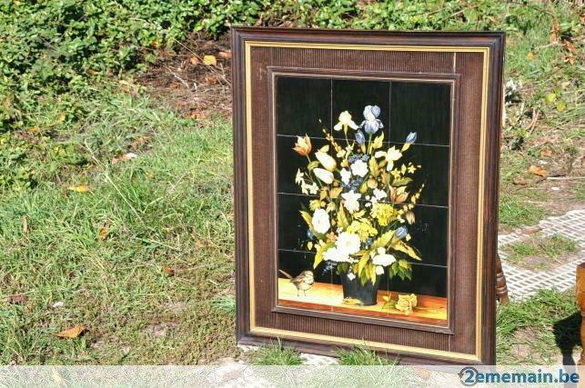 cadre ceramique bouquet de fleur tour bois et velours