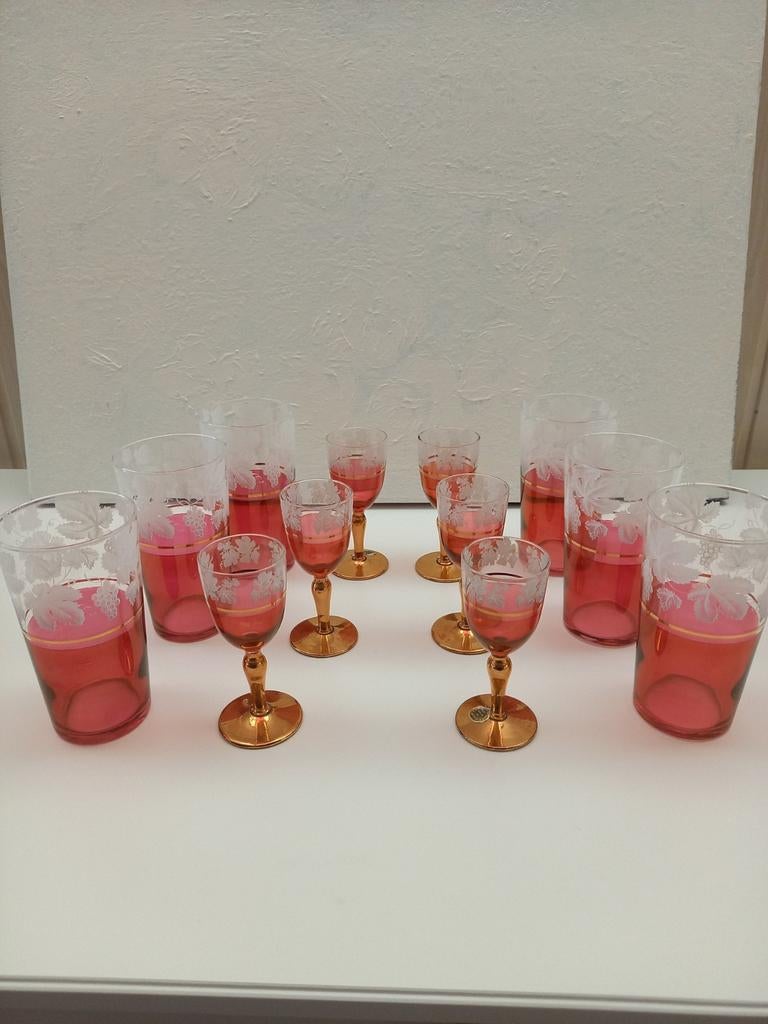 6 BORRELGLAZEN + 6 WATERGLAZEN MET WIJNBLADDESIGN, Ophalen of Verzenden, Zo goed als nieuw