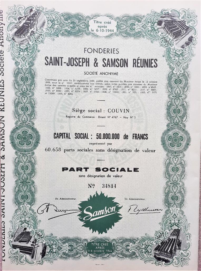 Fonderies Saint-Joseph & Samson Réunies - Couvin - 1955, Ophalen of Verzenden, 1950 tot 1970, Aandeel