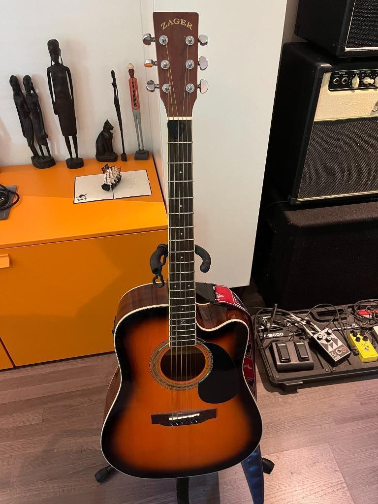 Guitare electro-acoustique ZAGER ZAD 50CE Sunburst avec étui, Enlèvement, Comme neuf, Guitare Western ou Guitare Folk, Avec valise