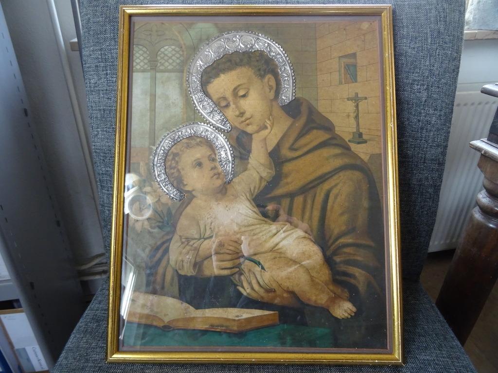 Icône ancienne gravure Saint Antoine et Jésus 35x44cm 1930, Enlèvement ou Envoi