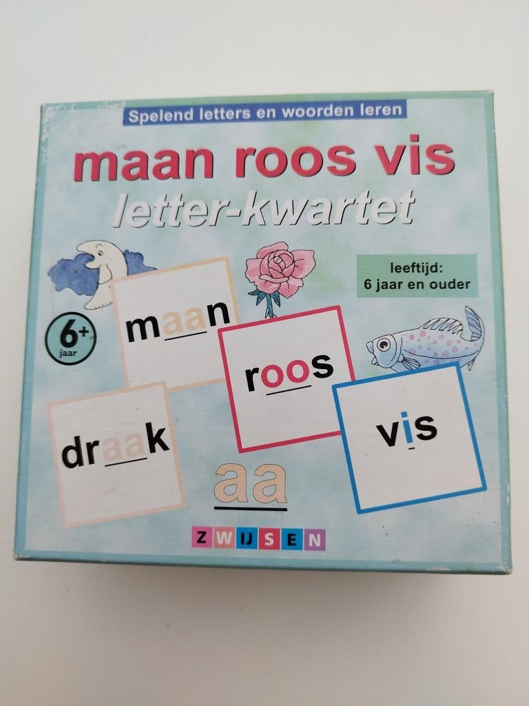 Letterkwartet MAAN. ROOS. VIS om de letters te leren, Hobby en Vrije tijd, Ophalen
