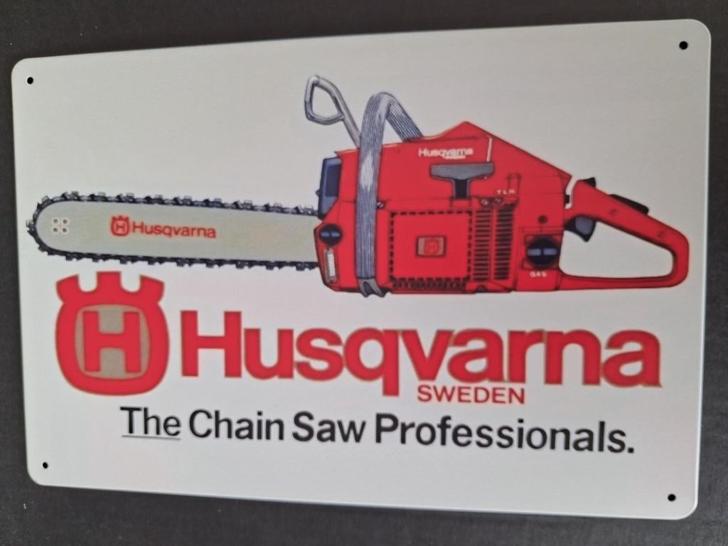 Vintage metalen reclamebord "Husqvarna" kettingzaag nieuw, Verzenden, Nieuw, Reclamebord