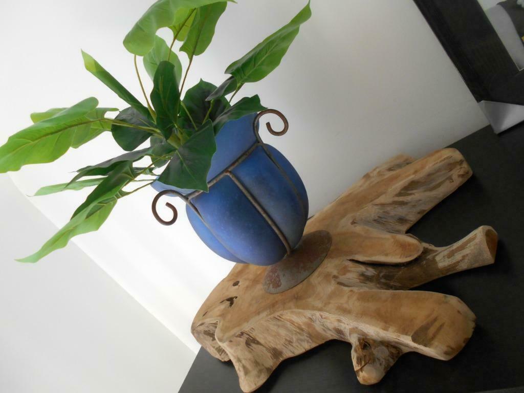 joli vase ancien ..... en verre et métal...25cm, Enlèvement, Utilisé, Bleu, Verre