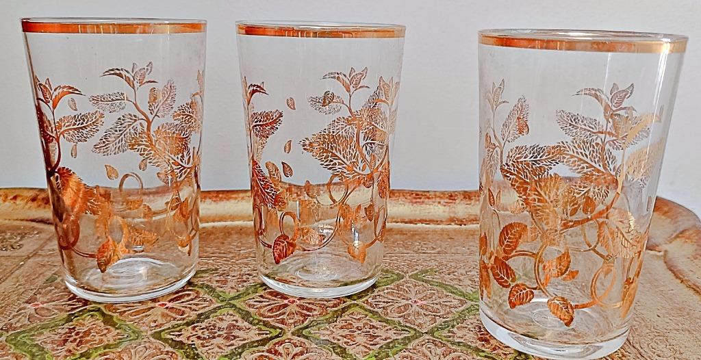 6 Verres en cristal vintage, motifs feuilles cuivrés, France, Ophalen of Verzenden