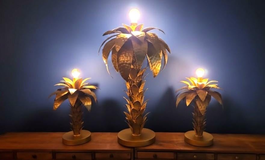 Trio van palmboomlampen — gehamerd goudkleurig metaal, Ophalen
