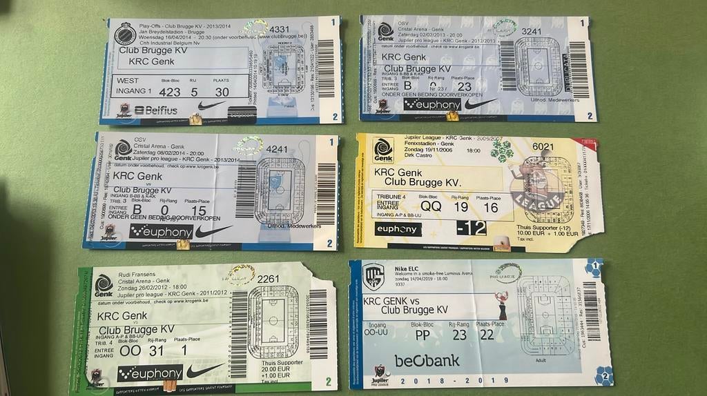 6 tickets RC Genk - Club Brugge 2006 2012 2013 2014 2019, Verzenden, Gebruikt