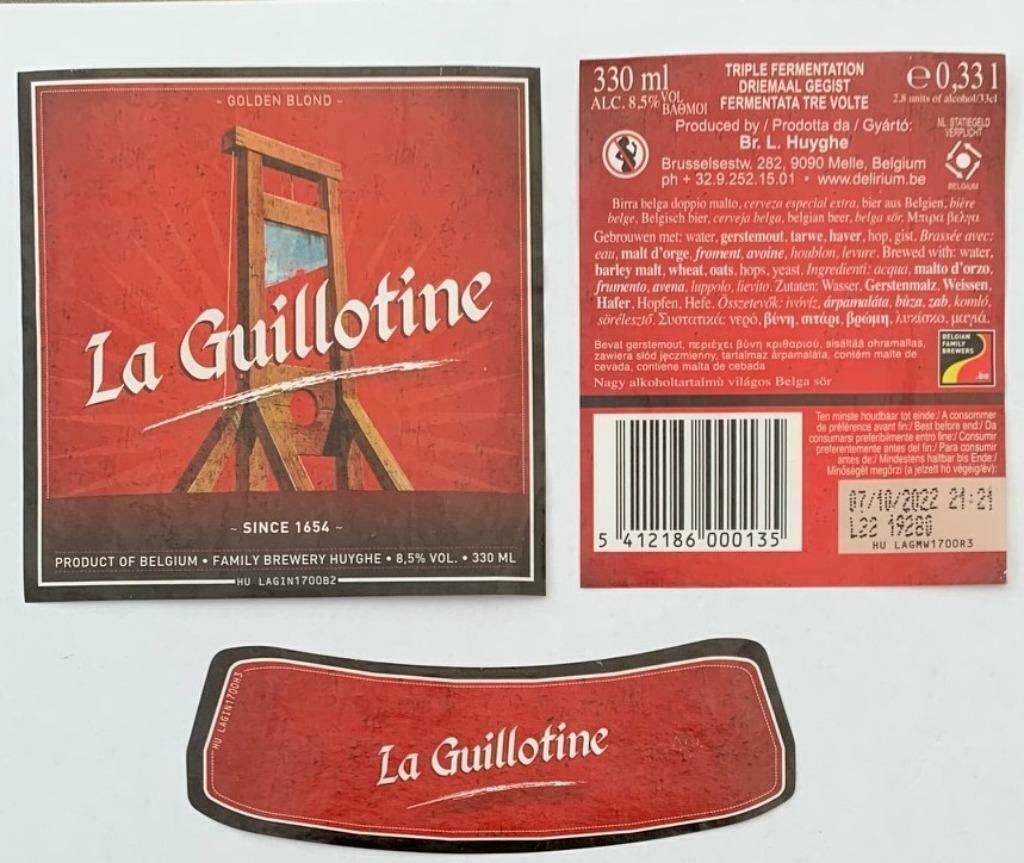 Bieretiket La Guillotine Brouwerij L. huyghe (2l9), Ophalen of Verzenden, Gebruikt, Overige typen, Overige merken
