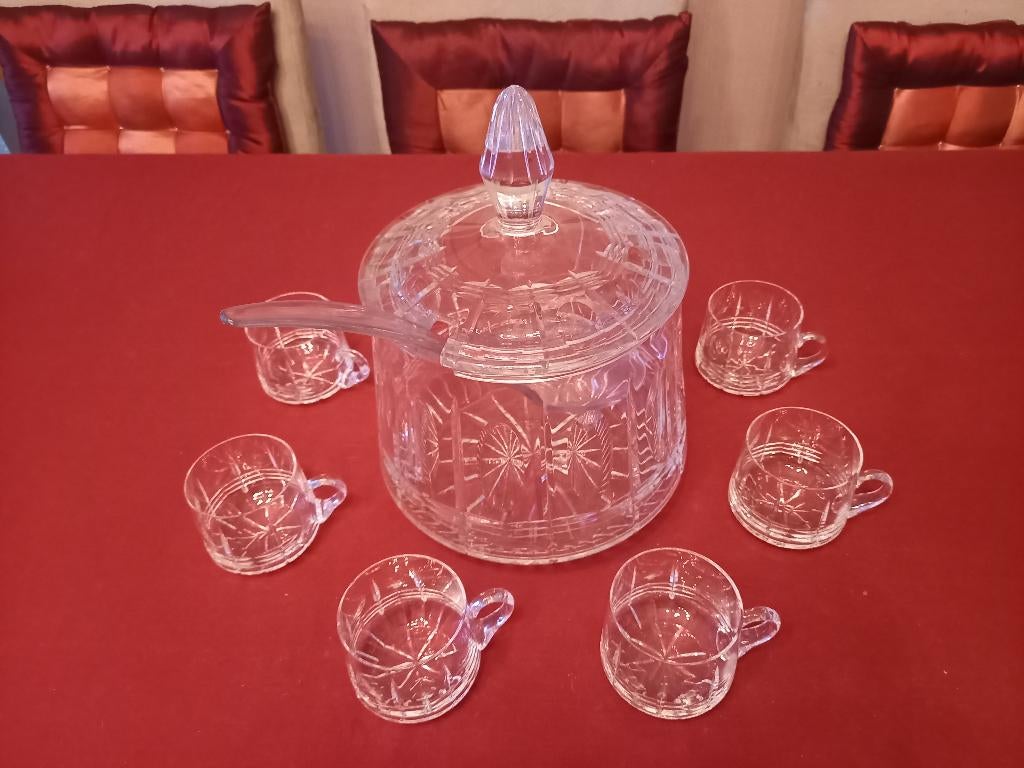 Punchbowl met 6 glazen. LOODKRISTAL. Antiek., Enlèvement