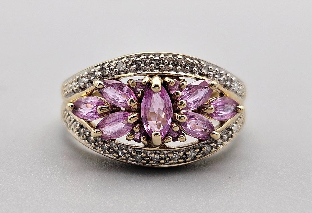 Bague vintage en or avec saphir rose et diamant. 2024/234, Bijoux, Sacs & Beauté, Bagues, Enlèvement ou Envoi, Rose, Comme neuf