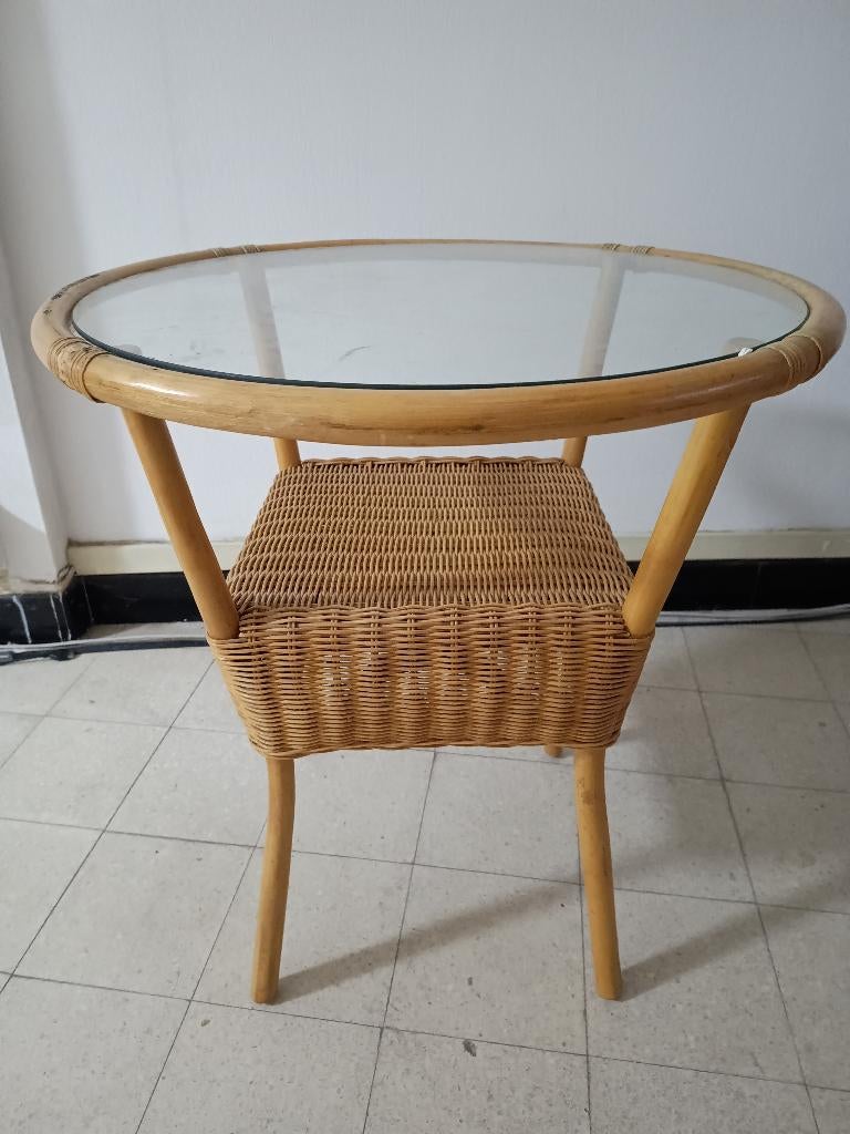ronde rieten salontafel met glazen blad, Ophalen, Gebruikt, 50 tot 100 cm, 50 tot 75 cm