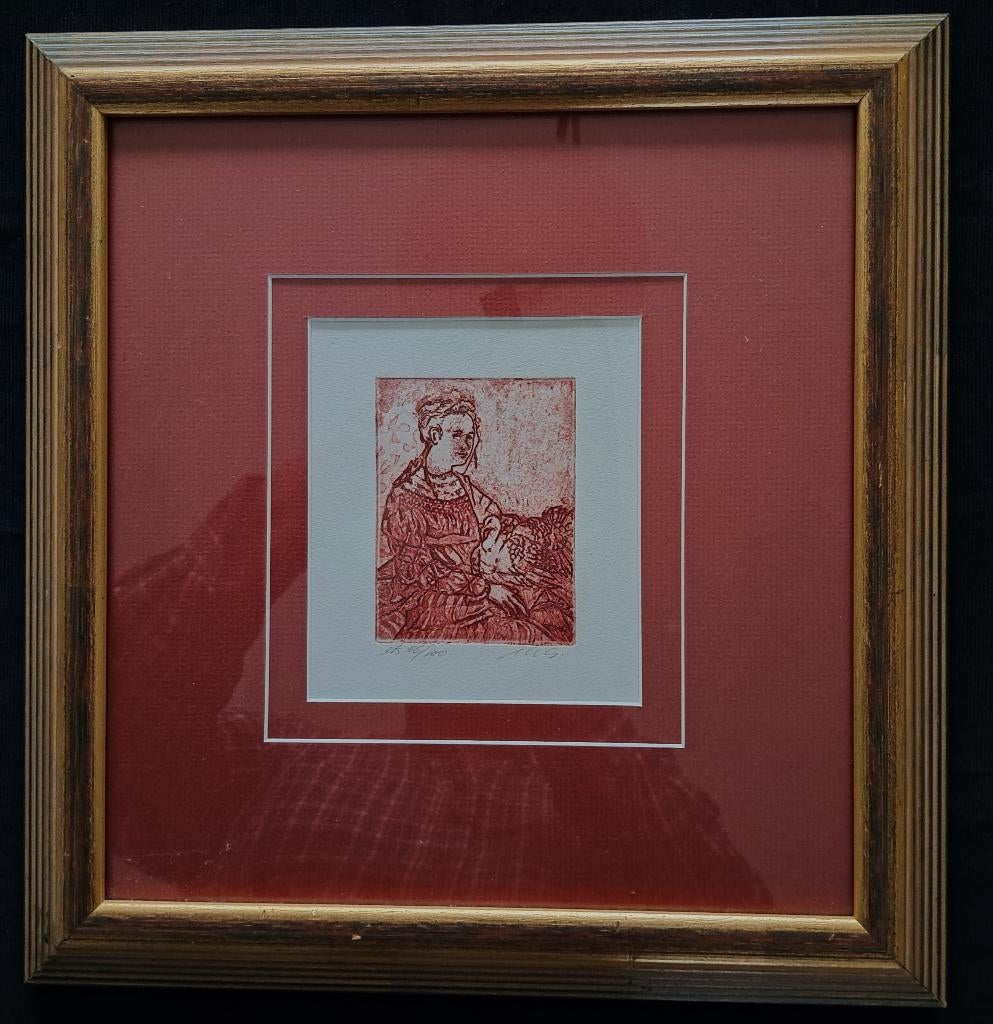 Schellekens Marcel Rode ets  “Vrouw met kalkoen” gesigneerd, Antiek en Kunst, Kunst | Etsen en Gravures, Ophalen of Verzenden