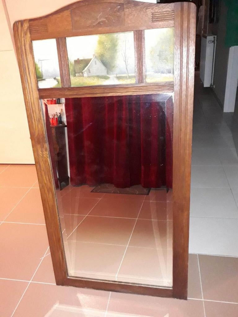 ZEER OUDE ANTIEKE SPIEGEL MET 3 MOOIE SCHILDERIJTJES, Antiek en Kunst, Ophalen
