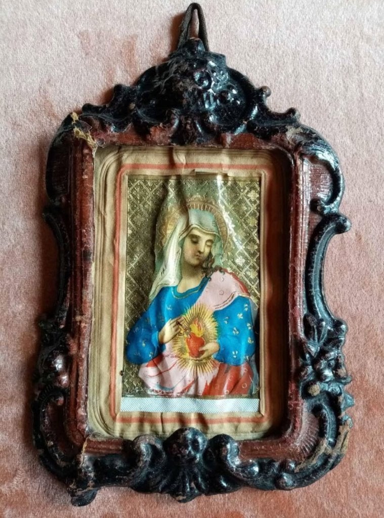 Zeer oud bidprentje, met leder omkaderd, Antiek en Kunst, Ophalen, Overige onderwerpen