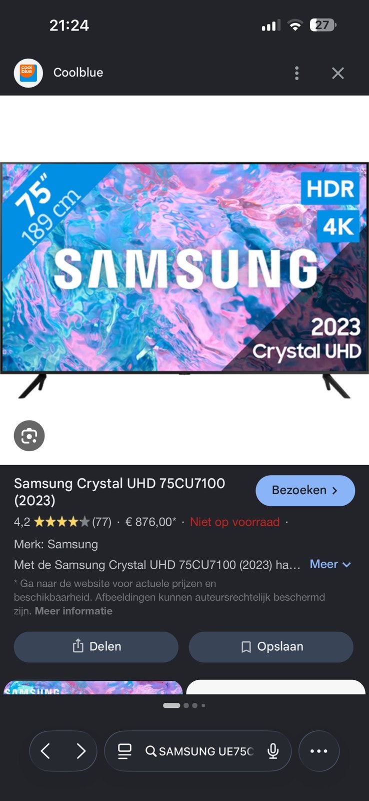 Samsung tv crystal uhd 75 inch, Audio, Tv en Foto, Televisies, Ophalen, Samsung