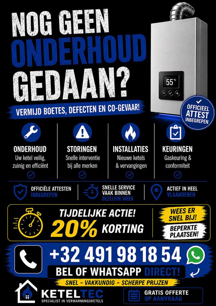 20% KORTING OP KETELONDERHOUD | VAILLANT, JUNKERS, BOSCH, Ophalen