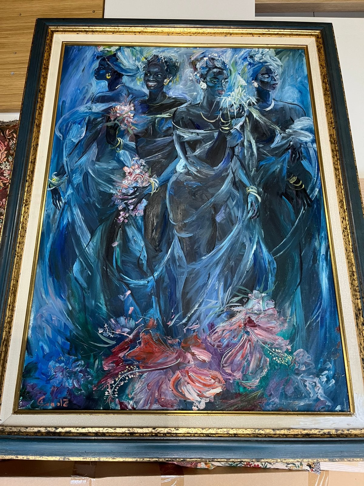 Grote schilderij hedendaagse Afrikaans of Caraïbische kunst, Enlèvement, Signé