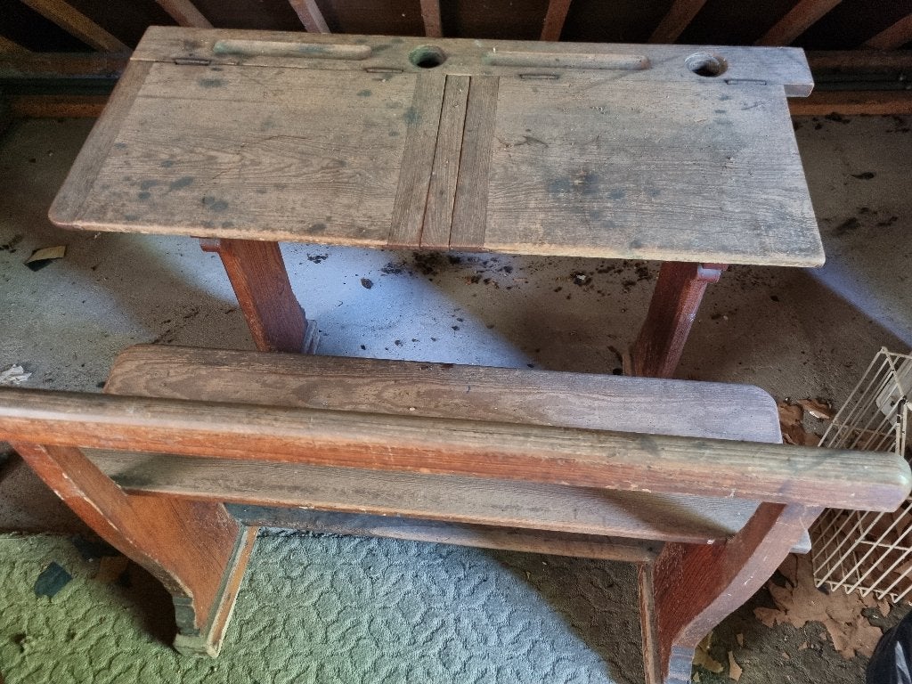 Authentique banc d'école ancien en bois double place, Ophalen, Gebruikt, Tafel(s) en Stoel(en)