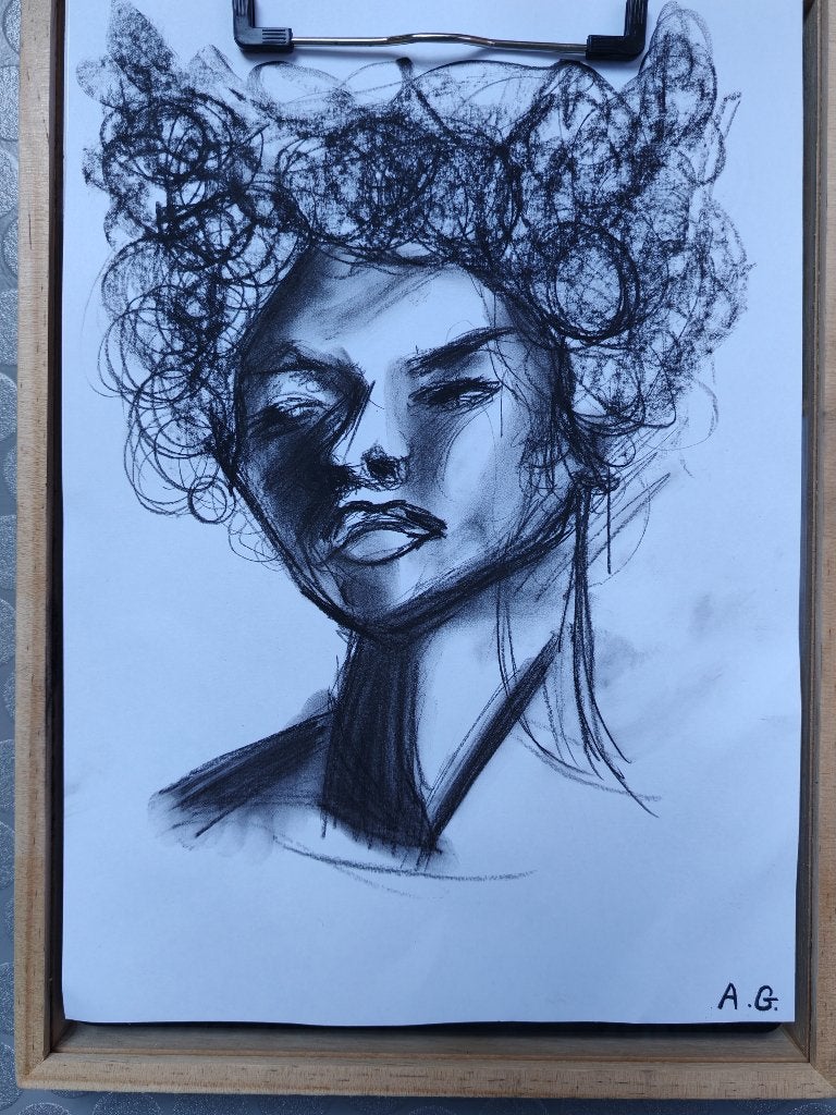 Dessin au fusain original :, Antiquités & Art, Enlèvement, Dessin, Dessin au fusain, Signé
