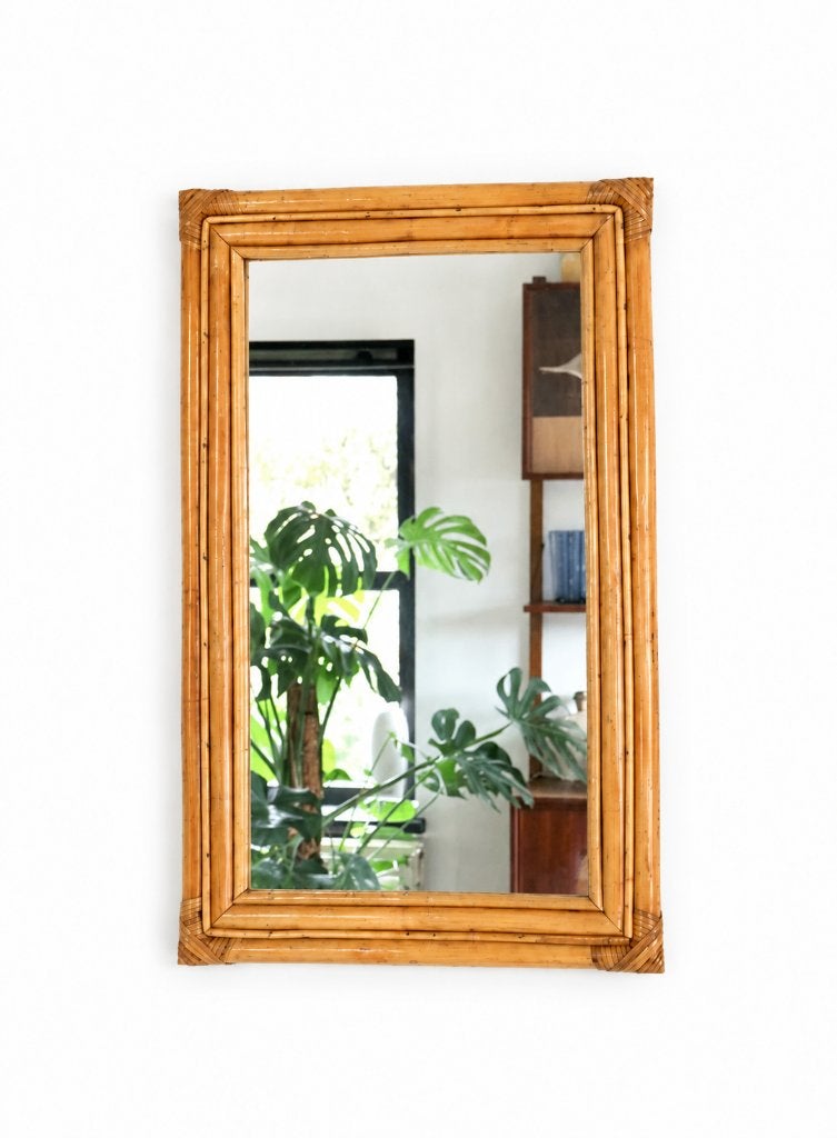 Large French 1970s bamboo framed mirror - Vintage spiegel, Ophalen, Gebruikt
