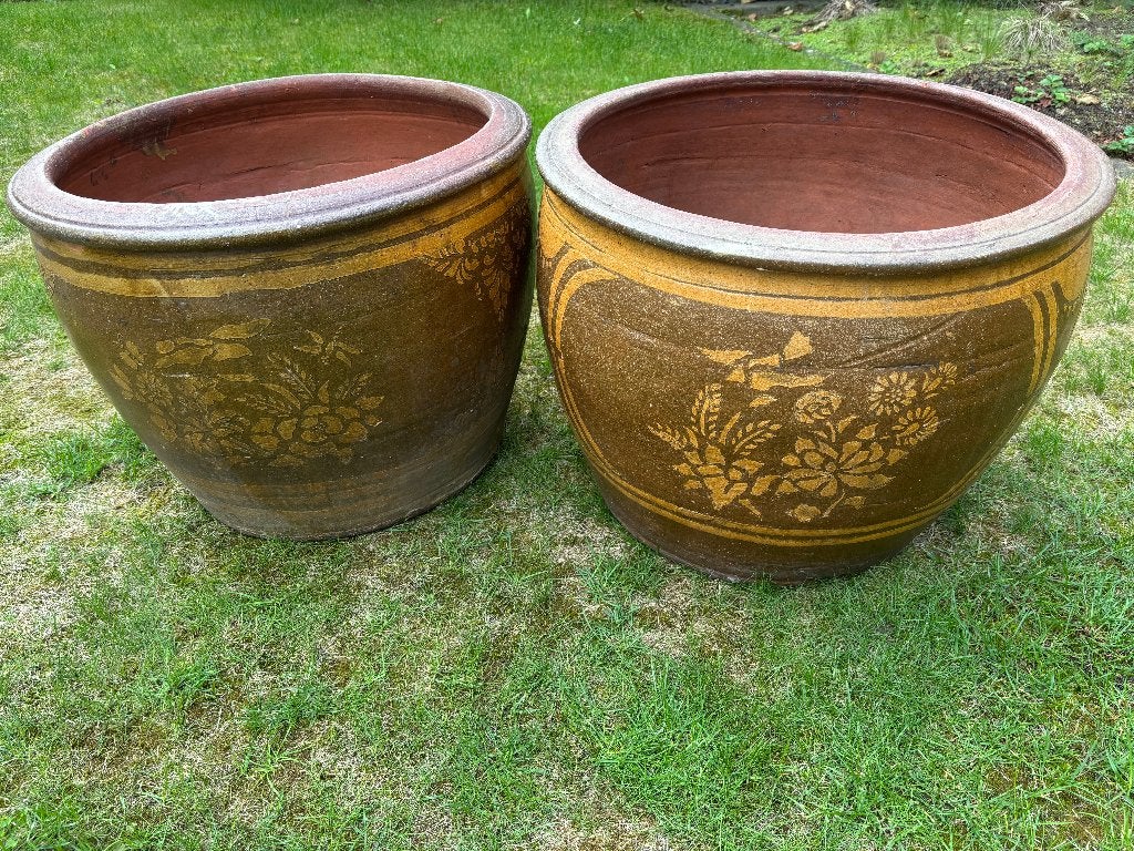 2 Hele Grote Chinese Terracotta/Aardewerken Bloempotten, Tuin en Terras, Ophalen, Gebruikt, 40 cm of meer, Rond
