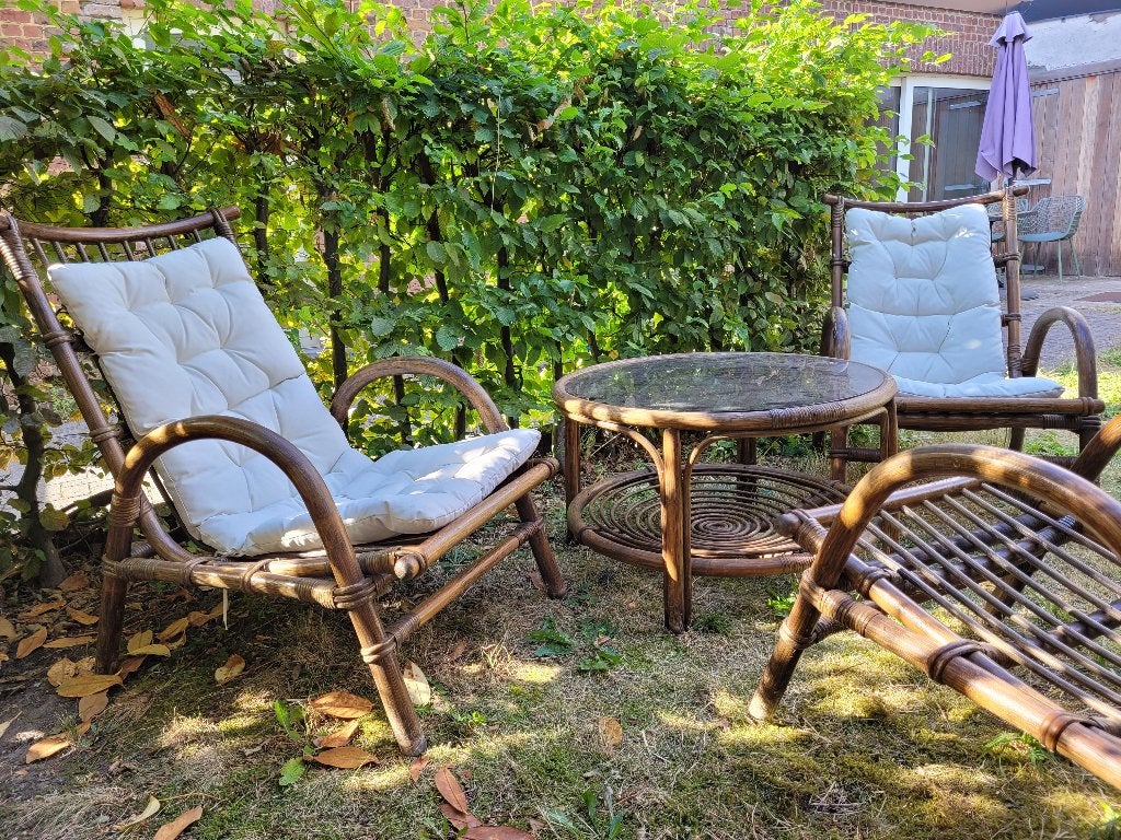 3 vintage Rotan stoelen met rotan tafeltje, Ophalen, Gebruikt, Rotan