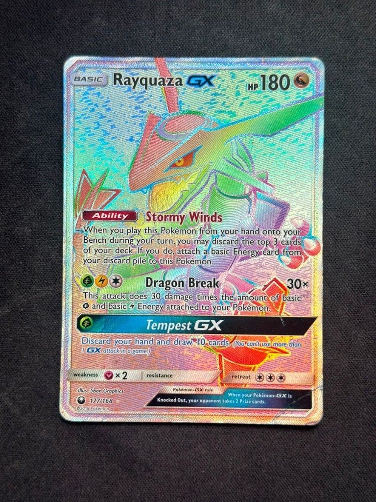 Rayquaza GX Rainbow Rare 177/168 Celestial Storm, Hobby en Vrije tijd, Verzamelkaartspellen | Pokémon, Ophalen of Verzenden, Zo goed als nieuw