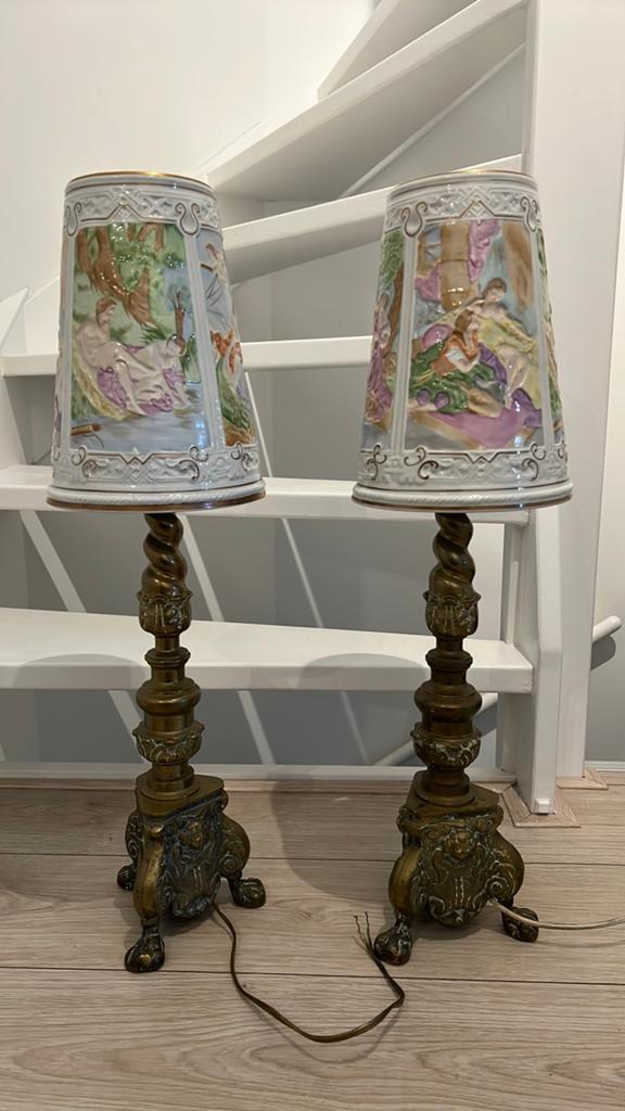 Prachtige Vintage / Antieke Bronzen lampen met porselein kap, Ophalen, Zo goed als nieuw