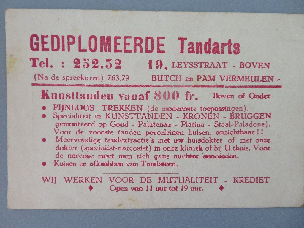 reclame spec. Tel. Nrs Tandarts Butch en Pam Vermeulen, Verzamelen, Ophalen of Verzenden, Zo goed als nieuw, Overige typen