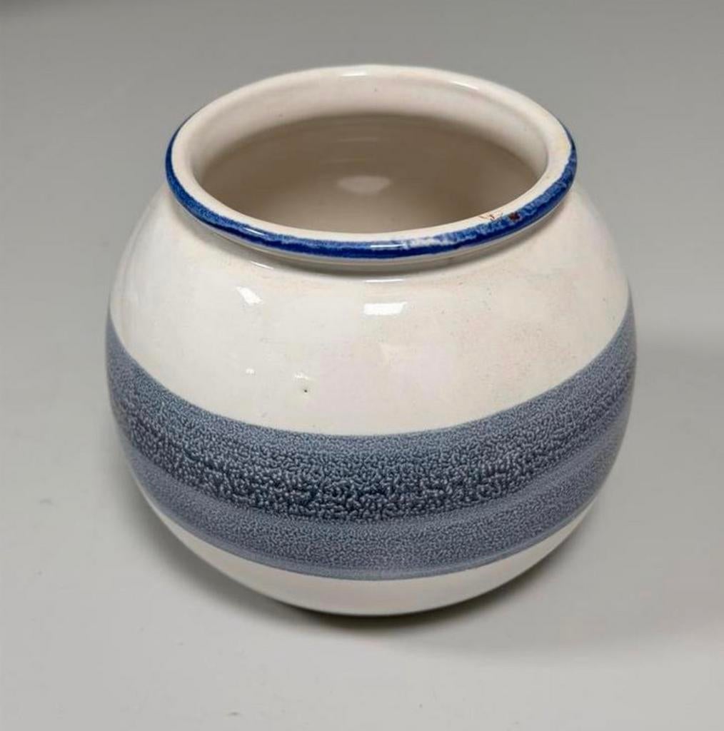 Keramische vintage ronde bloempot schaal wit blauw rond 15cm, Ophalen of Verzenden